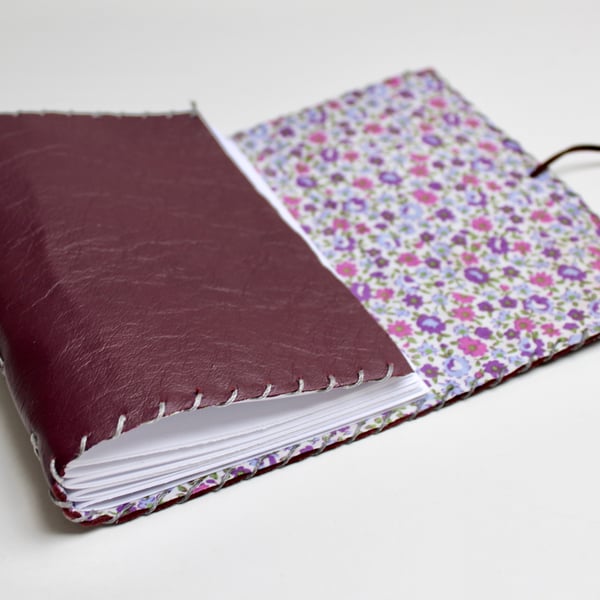 A6 Leather journal notebook purple floral fabric lining plain paper 