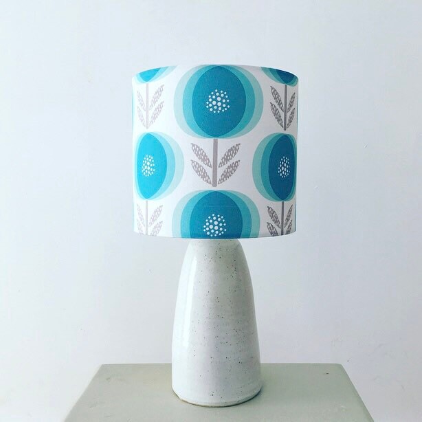 Handmade teal and turquoise flower scandi inspired fabric drum lampshade