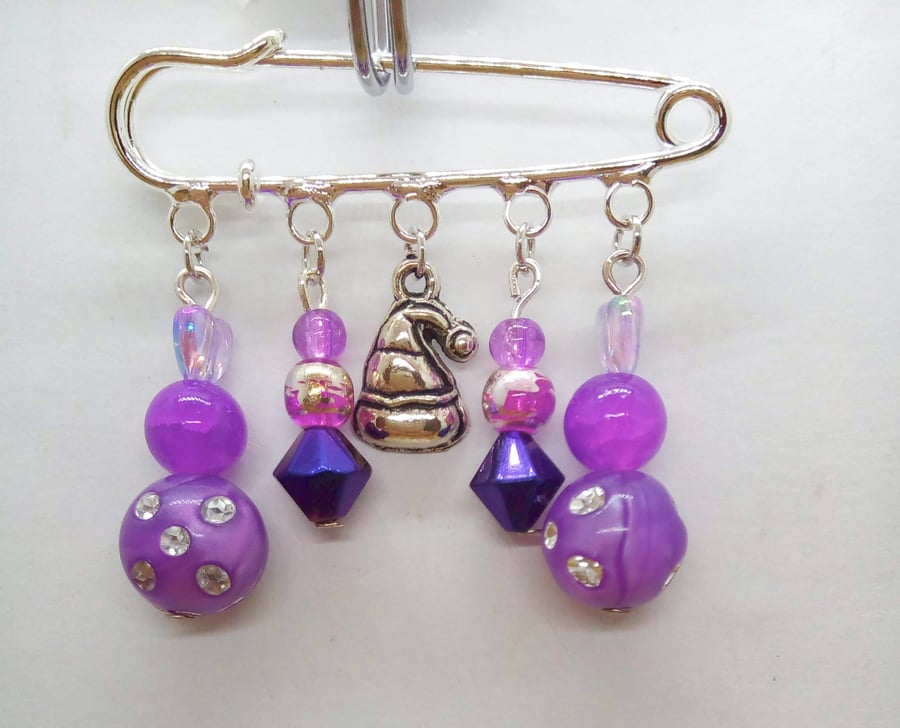  Purple Glass Beads and a Silver Hat Charm Beaded Kilt Pin Brooch, Gift for Her