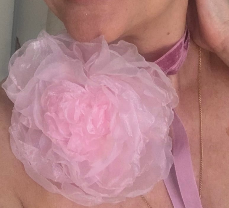Pink organza flower choker brooch 