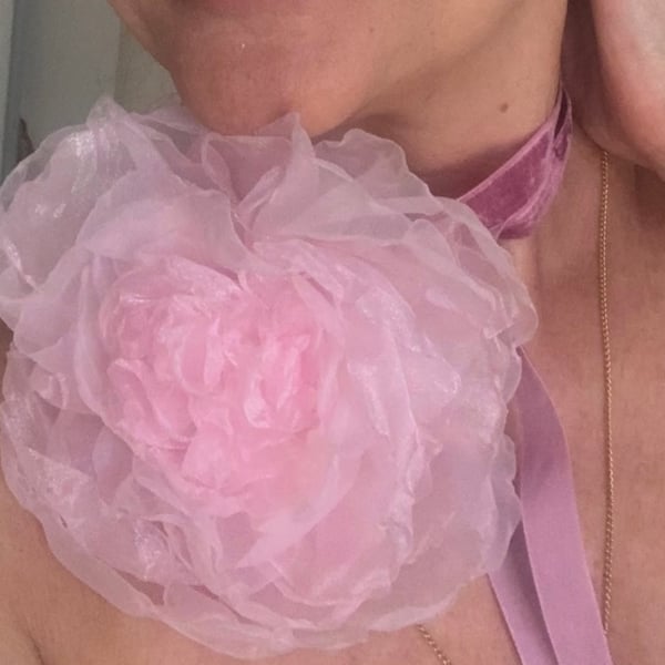Pink organza flower choker brooch 