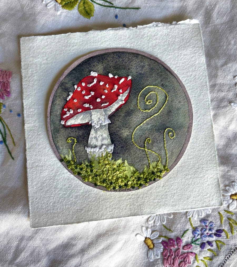Original 'Fly agaric' watercolour painting with embroidered embellishment