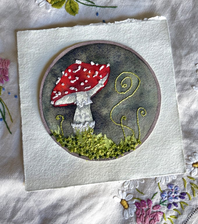 Original 'Fly agaric' watercolour painting with embroidered embellishment