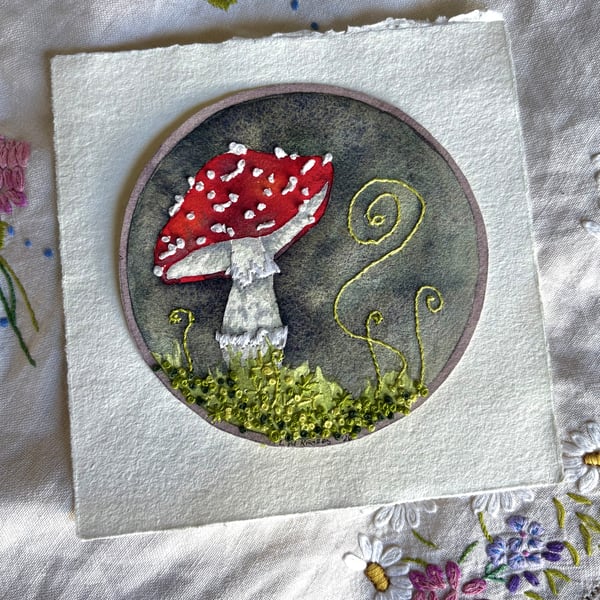 Original 'Fly agaric' watercolour painting with embroidered embellishment
