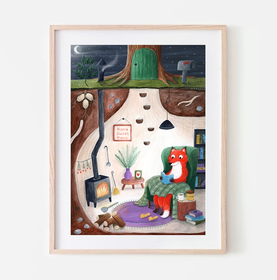 Cosy Fox art print - Book Lovers - Nursery Decor - A4 art Print