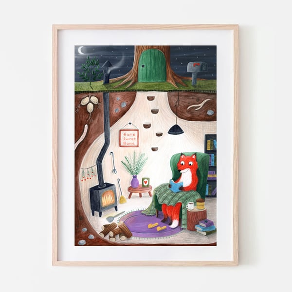 Cosy Fox art print - Book Lovers - Nursery Decor - A4 art Print