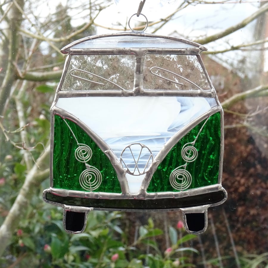 Stained Glass Camper Van Suncatcher - Handmade Decoration Green and White
