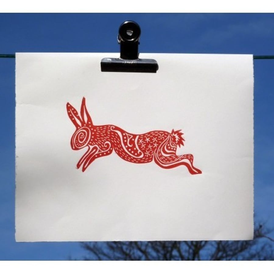 Original lino cut print "Spiral Rabbit in Scarlet"