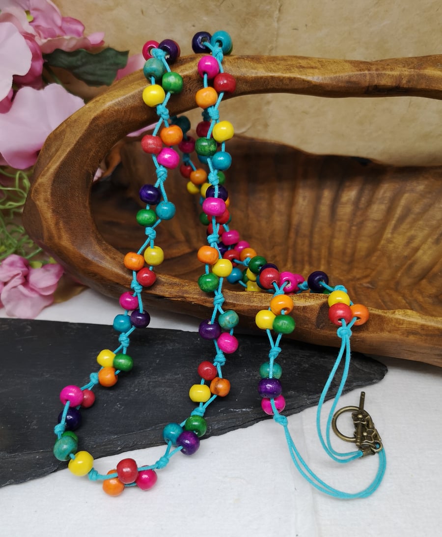 Multicoloured wooden bead knotted cord necklace, rainbow necklace 