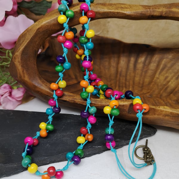 Multicoloured wooden bead knotted cord necklace, rainbow necklace 