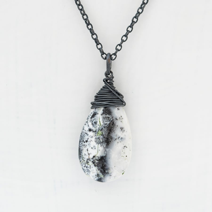 Unusual Dendritic Opal Briolette Pendant on Black Oxidised Sterling Silver Chain