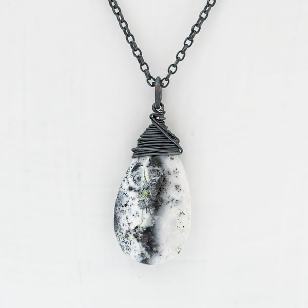 Unusual Dendritic Opal Briolette Pendant on Black Oxidised Sterling Silver Chain