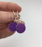 Dark pink circle dangly earrings with leaf print and recycled silver ring  - Image 3