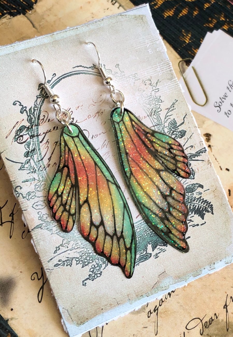 Orange and Green Sparkling Double Fairy Wing Earrings Sterling Silver