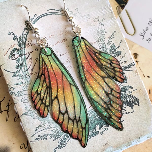 Orange and Green Sparkling Double Fairy Wing Earrings Sterling Silver