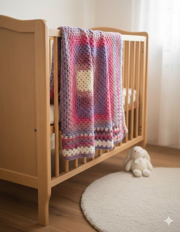 Pink and Purple Crochet baby blanket, square, granny square design,