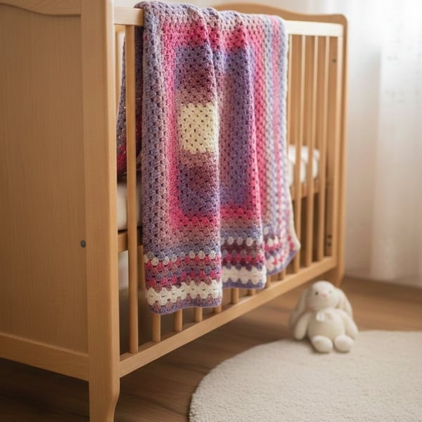 Pink and Purple Crochet baby blanket, square, granny square design,