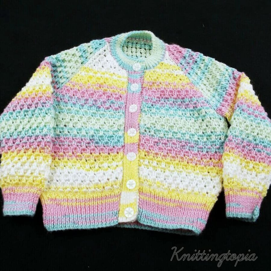 Hand knitted baby cardigan in multicoloured yarn with textured pattern 1 - 2 yrs