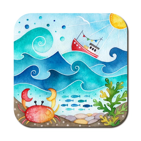 Crab and Fishing Boat Coaster. Cute Seaside Watercolour Painting. Coastal Decor