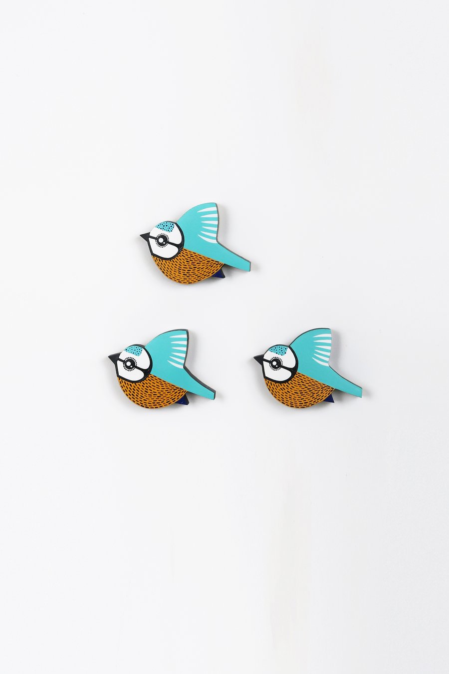 Blue tit wall decoration, set of 3 flying miniature tits, british birds art.