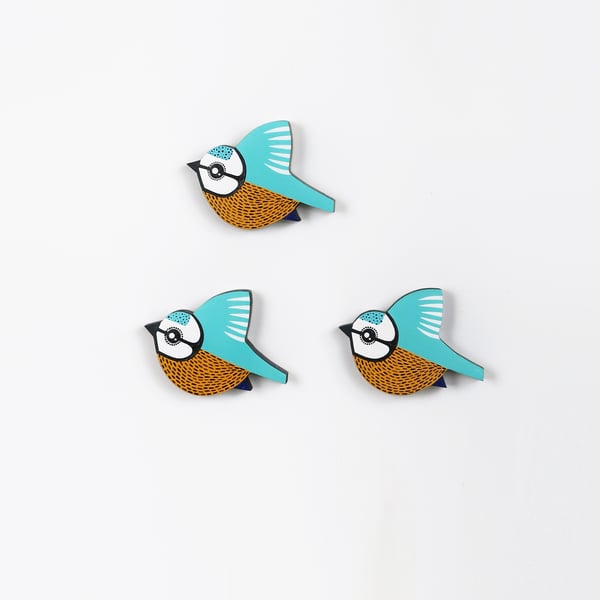 Blue tit wall decoration, set of 3 flying miniature tits, british birds art.