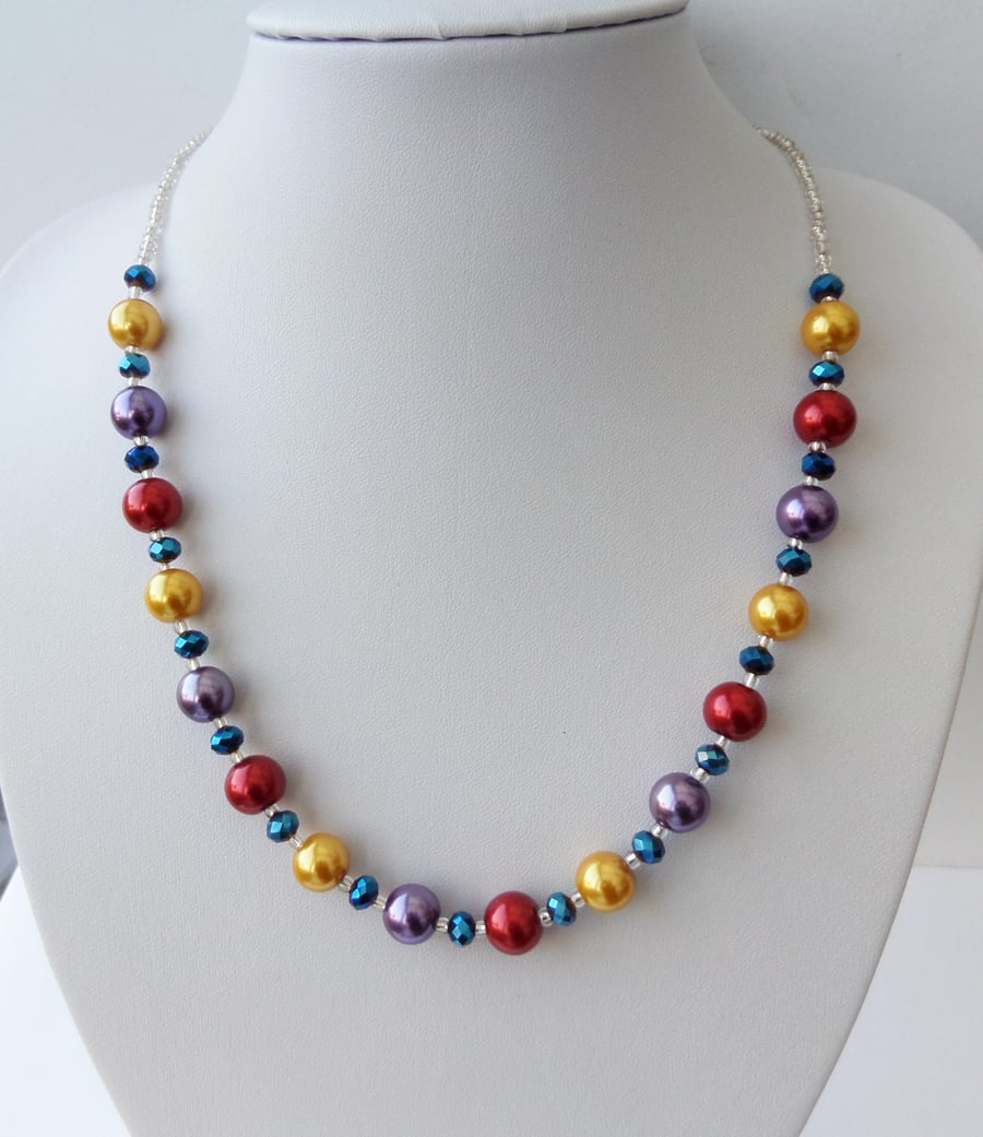 Brightly multi coloured glass pearl and crystal bead necklace