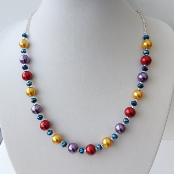 Brightly multi coloured glass pearl and crystal bead necklace
