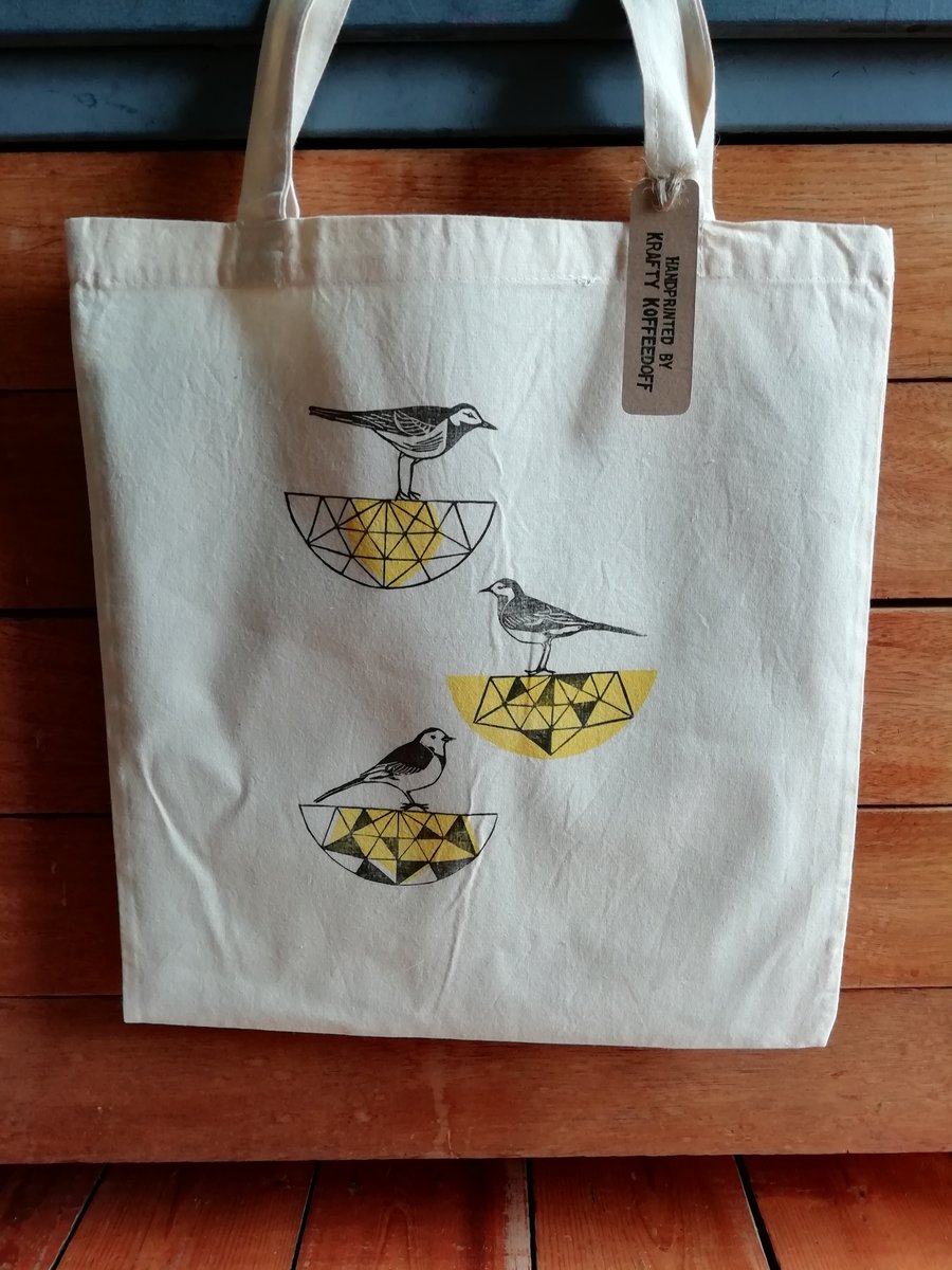 Handprinted Pied Wagtail Birdbath Tote Bag (Yellow)