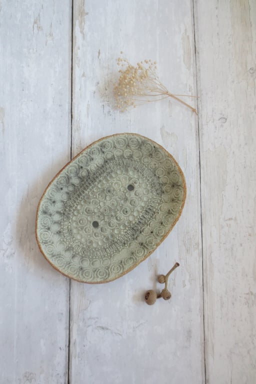 SOAP DISH hand-built carved stoneware pottery in sage green