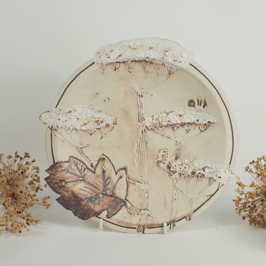Cow Parsley Plate - Iron Oxide with bee, butterfly and caterpillar