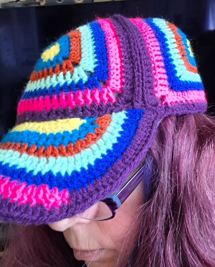 Baseball hat crochet retro multi colour vintage handmade