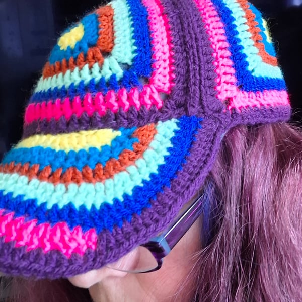Baseball hat crochet retro multi colour vintage handmade