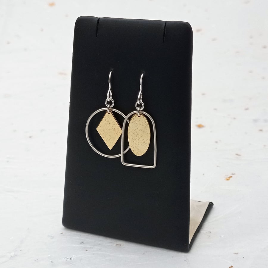 Recycled sterling silver wire and brass drop earrings – asymmetrical earrings