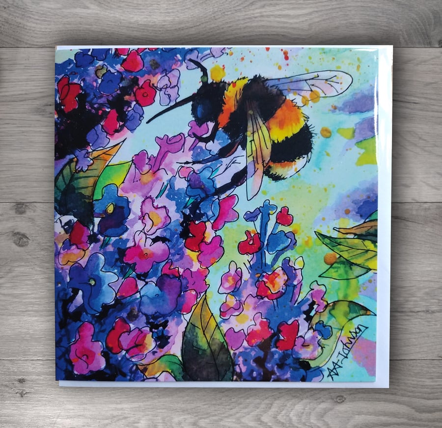 Blank card bumblebee and buddleia watercolour print