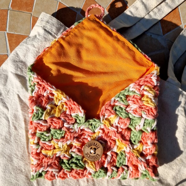 Orange crochet pouch, Small hand stitched cotton lined pouch, Christmas gift 