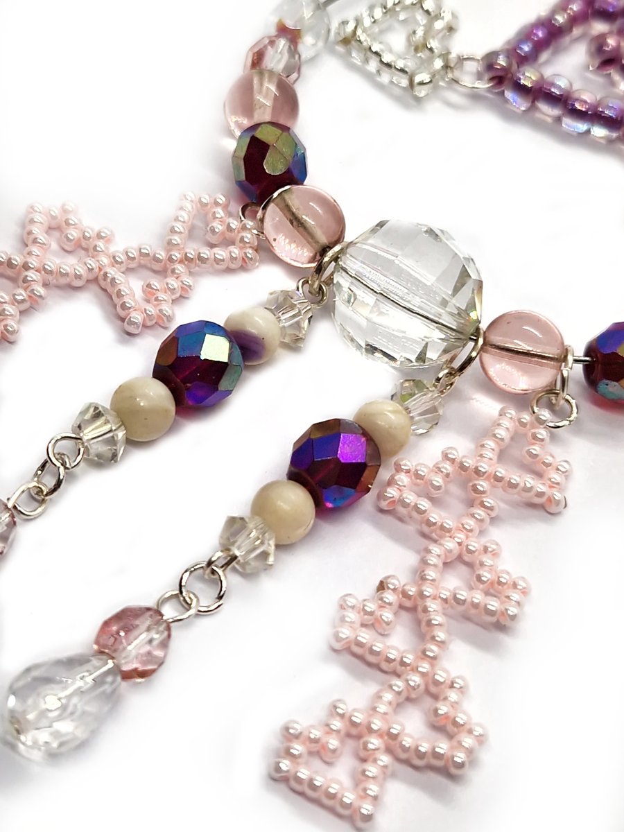 Pink purple and silver love hearts beaded hanging decoration