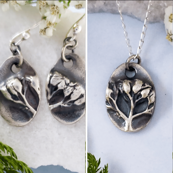 Recycled Silver Wildflower Pendant and Earrings Gift Set - Yarrow Flower