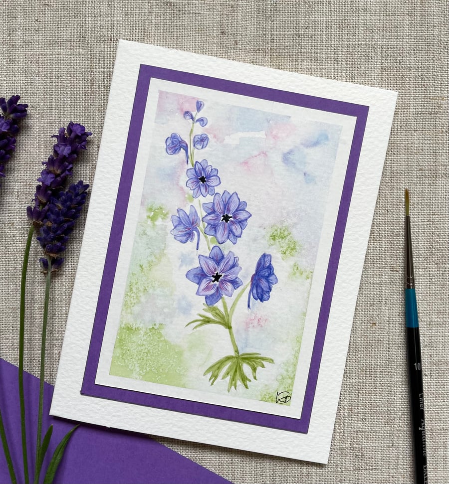Hand painted blank card, Larkspur, floral card, one of a kind, July birthday.