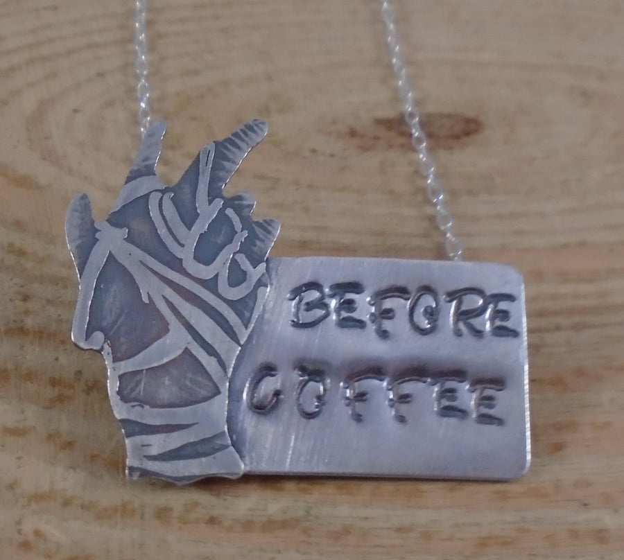 Sterling Silver Zombie Hand 'Before Coffee' Necklace