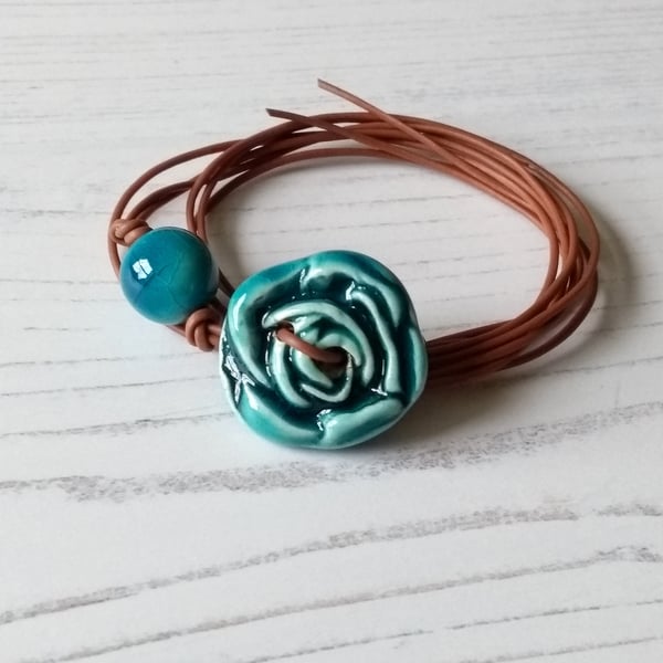 Vegan Rose Button Wrap Bracelet in Turquoise Blue