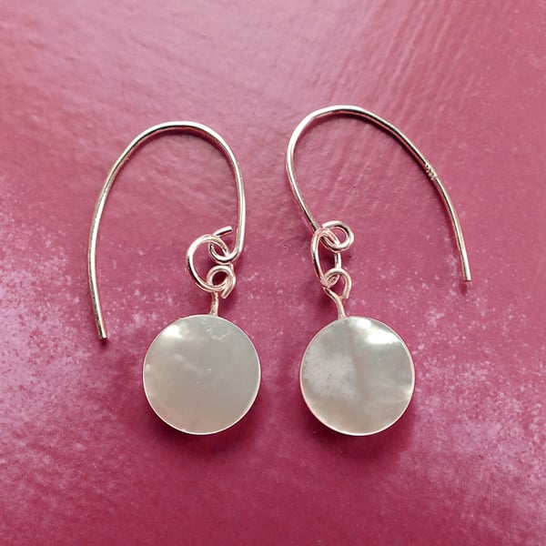 Round Disc Mother of Pearl and Sterling Silver Earrings