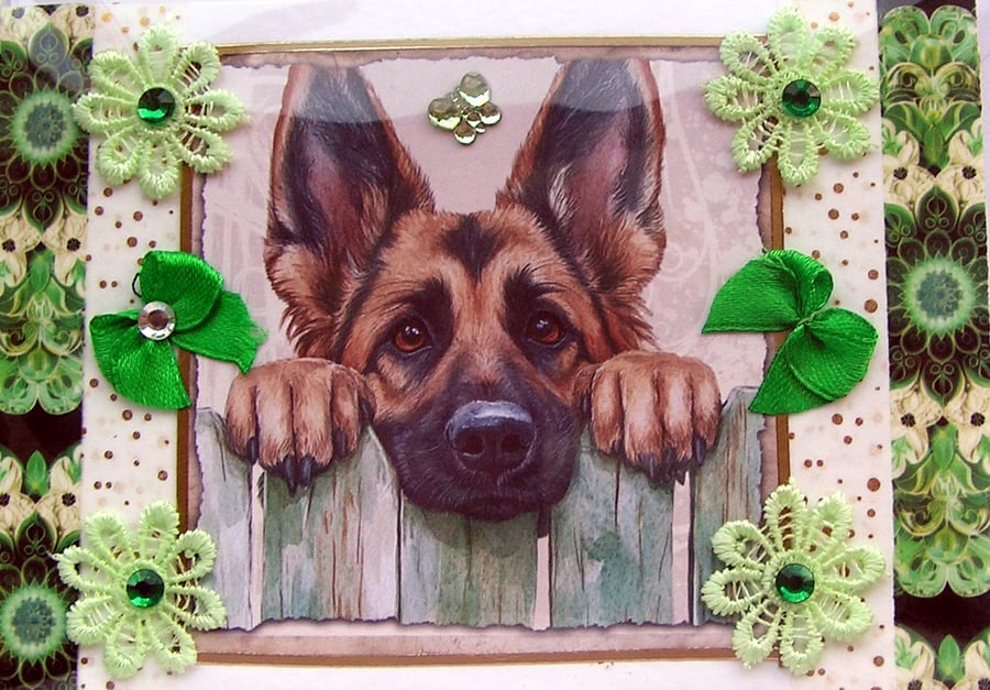 German Shepherd Dog - Hand Crafted Decoupage Greeting Card - Blank (3097)