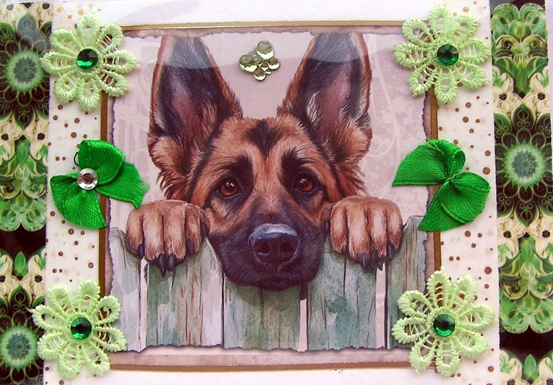German Shepherd Dog - Hand Crafted Decoupage Greeting Card - Blank (3097)