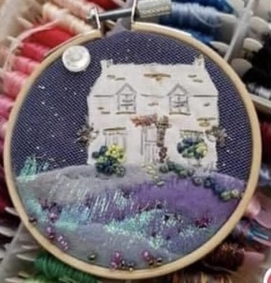 Make Your Own Embroidered Hanging Hoop Wall Art Kit - Nighttime House On A Hill