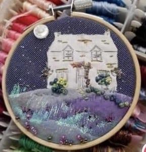 Make Your Own Embroidered Hanging Hoop Wall Art Kit - Nighttime House On A Hill