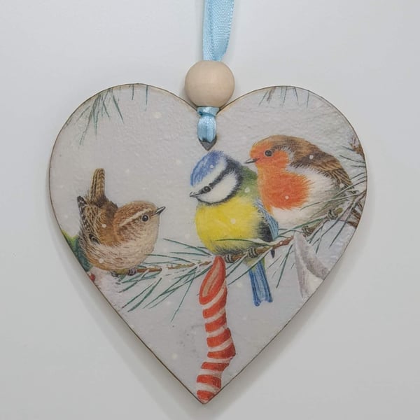 Garden birds Christmas decoration, hanging heart, wooden gift for a bird lover 