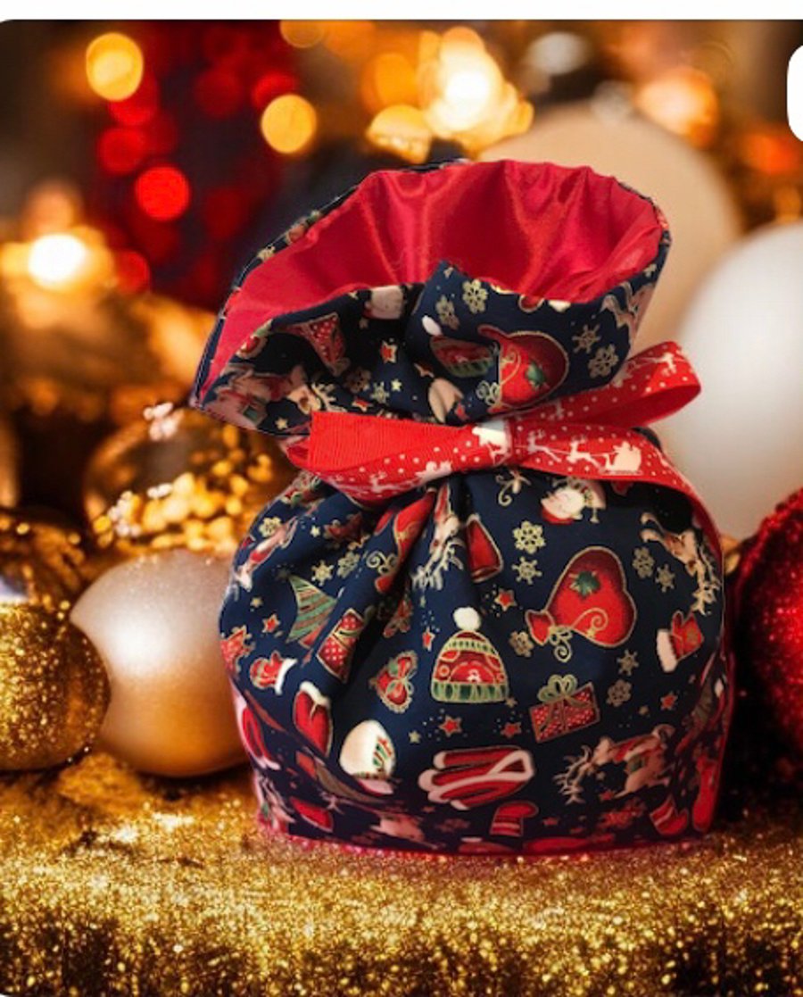 Luxury Christmas Fabric Gift Bags in Navy and Red To Wrap Xmas Presents 14x11”
