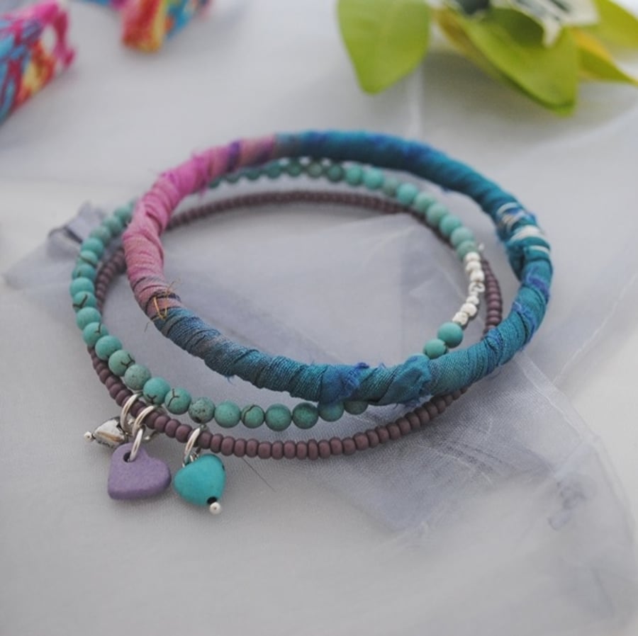 Sari bangle bracelet 3 hearts set-festival, boho, beach & surfer style