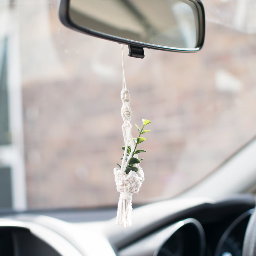 Mini Macrame Plant Hanger Car Charm with Faux Eucalyptus. Perfectly Imperfect.