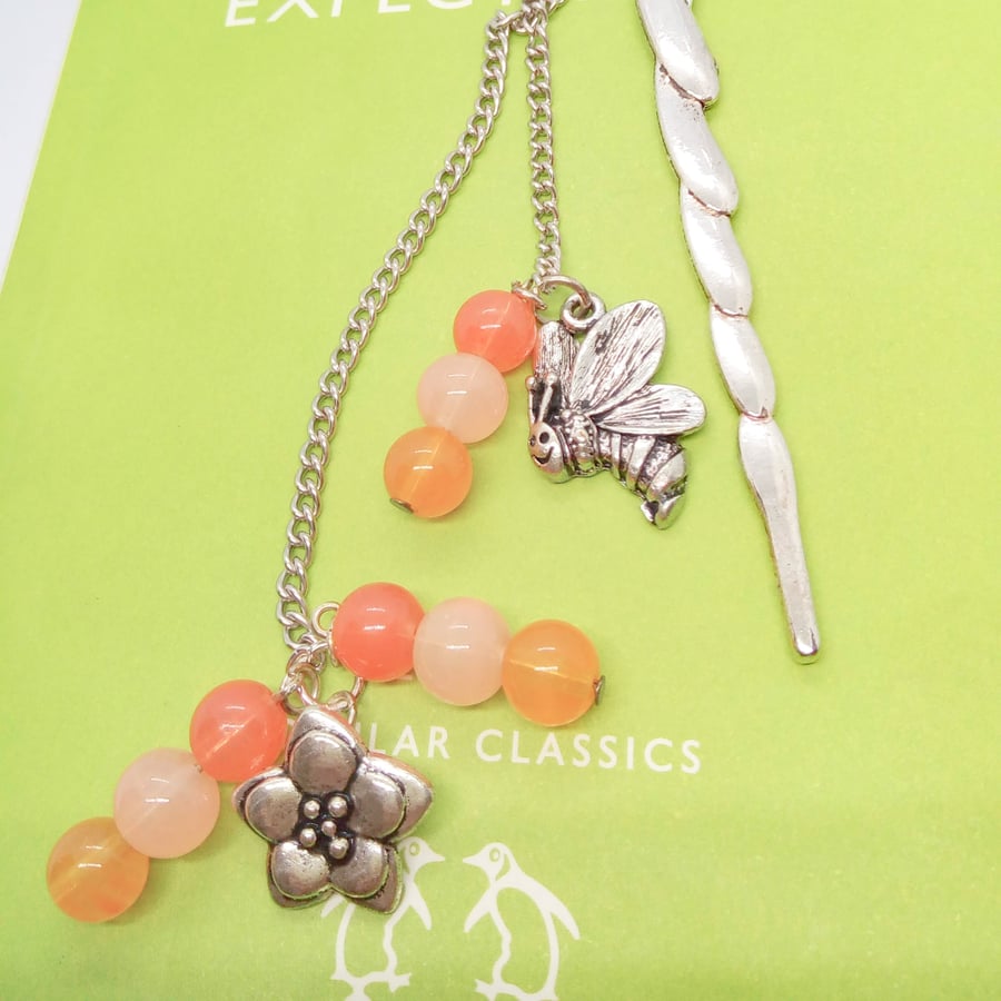 Silver Fish Bookmark with Shades of Honey Beads & Silver Bee and Flower Charms